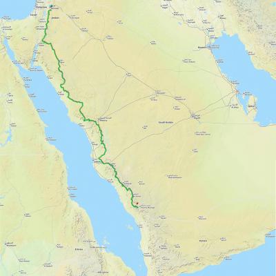Carte du parcours, d'Amman en Jordanie à Abha au sud de l'Arabie Saoudite, 2700 km